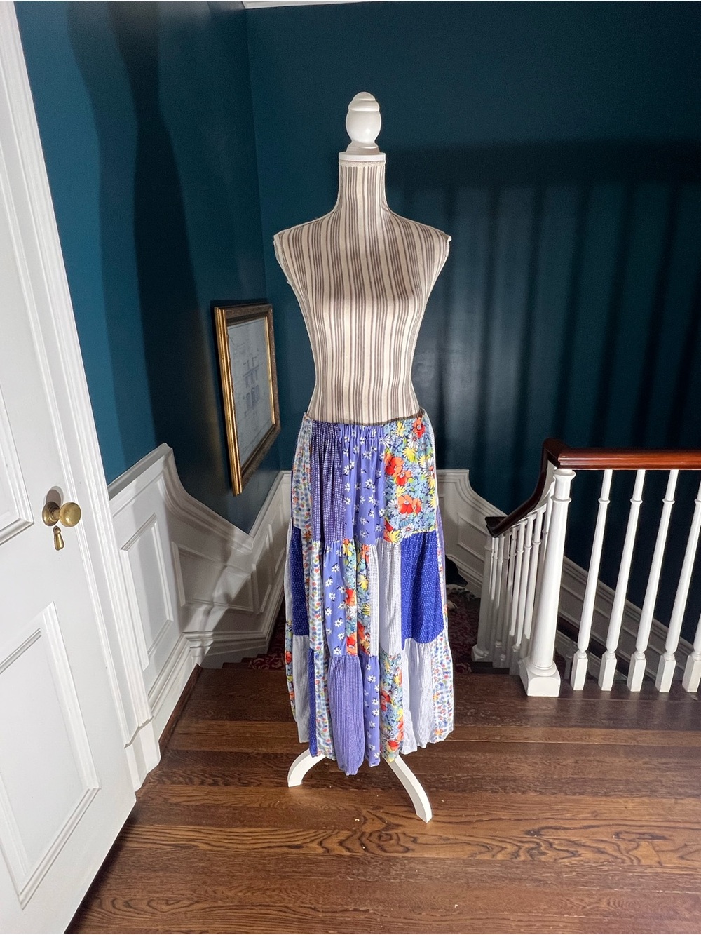 Boho Lucia Lukken broomstick skirt small vintage patchwork blue cottage S432